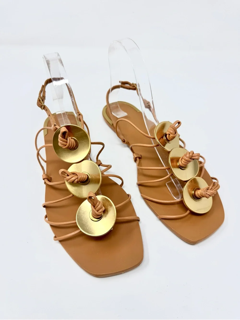 Tory Burch Artisanal Knot Tan Leather Sandal with Gold Accents